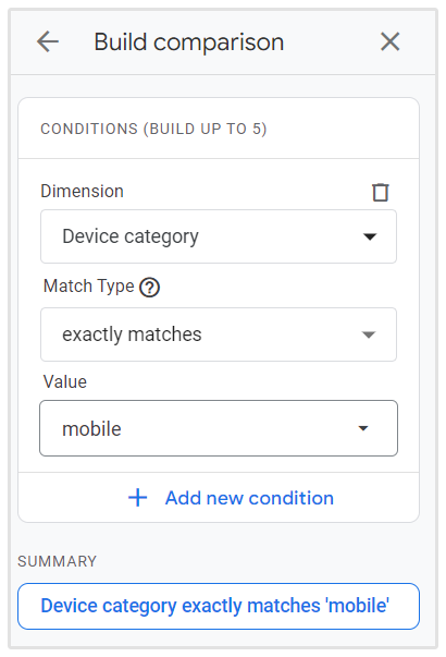 Comparaison du trafic mobile configurée